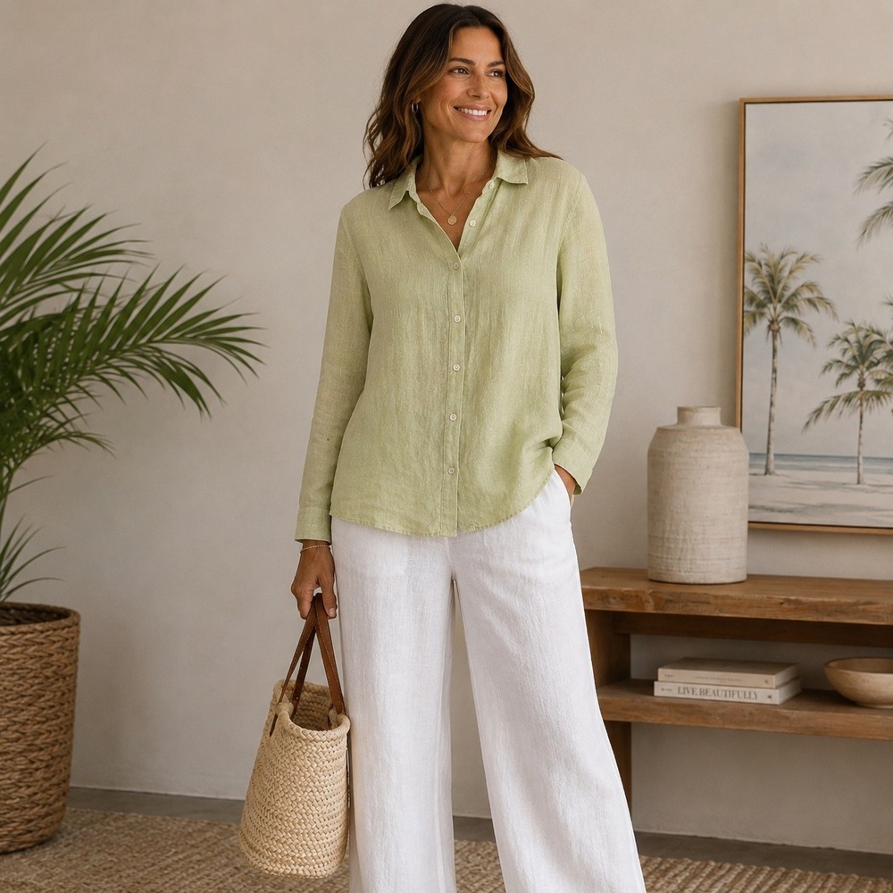 J. Jill 100% Linen Essential Button Down Shirt Light Green Long Sleeve Size M
